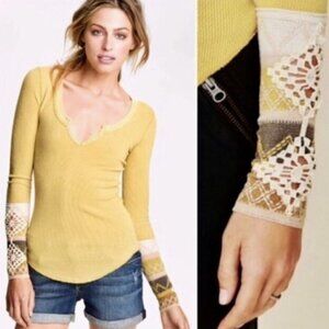 Free People Kombucha Crochet Cuffs Thermal Top Lemongrass Mustard Women's Size S